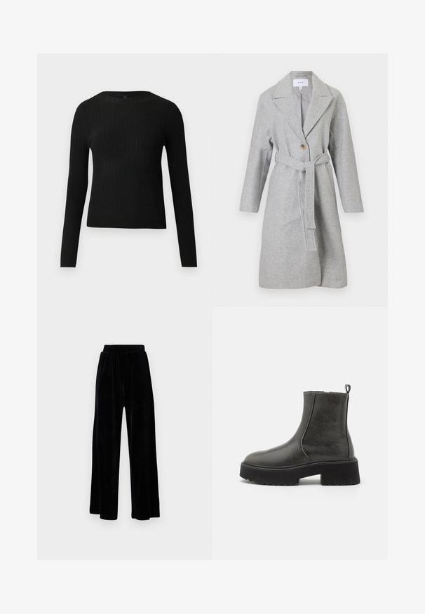 Pika halli villane mantel, laiade kraede, ühte nupuga ja vastava kangast vöödaga, mis on seotud talje ümber.; Mustmustriibuline must pikavarsiline sobiv sviiter ümmarguse kaelusega, esitatud helehallil taustal.; Mustad laiad püksid, mis on valmistatud pehmest sametist, elastse vöökoha ja siledaga, ilma nähtavate detailide või mustriteta.; Mustad musta värvi ankle botiid, millel on siledast sünteetilisest materjalist ülemine osa, elastsed külgpaneelid, tõmmeeris ja paks kummine аллергиз.