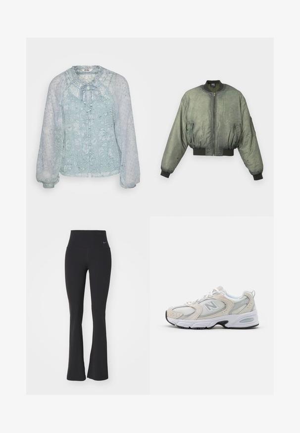 Grüne Bomberjacke mit Reißverschluss vorne, gerippten Bündchen und Saum sowie zwei seitlichen Taschen. Glattes, leicht strukturiertes Material. Kurzschnitt.; Hellsblaue Bluse aus transparenter Stoff mit Blumenmustern, gerafftem Ausschnitt, Bindeschluss und puffartigen langen Ärmeln.; Schwarze Yogahosen mit hohem Bund, aus dehnbarem Material. Besitzt ein ausgestelltes Design und ein kleines Nike-Logo am Bund.; Sportlicher Schuh mit einem hellgrauen Mesh-Obermaterial und Wildlederakzenten, weißen Schnürsenkeln und einer schwarzen Gummisohle. Auffälliges ABZORB-Dämpfungselement.