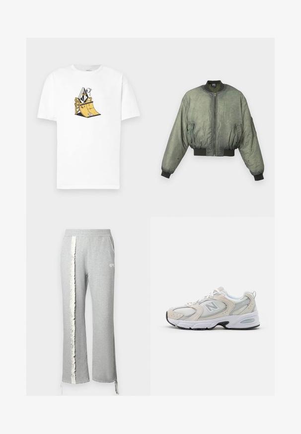 Green bomber jacket with a zip front, ribbed cuffs and hem, and two side pockets. Smooth, slightly textured fabric. Cropped design.; White cotton t-shirt featuring a graphic illustration of a skate ramp with a character in a suit, outlined in black and yellow details.; Gray sweatpants with a textured white vertical stripe and drawstring hems. Features a logo at the waist and side pockets.; Athletic shoe featuring a light gray mesh upper with suede accents, white laces, and a black rubber sole. Notable ABZORB cushioning detail.