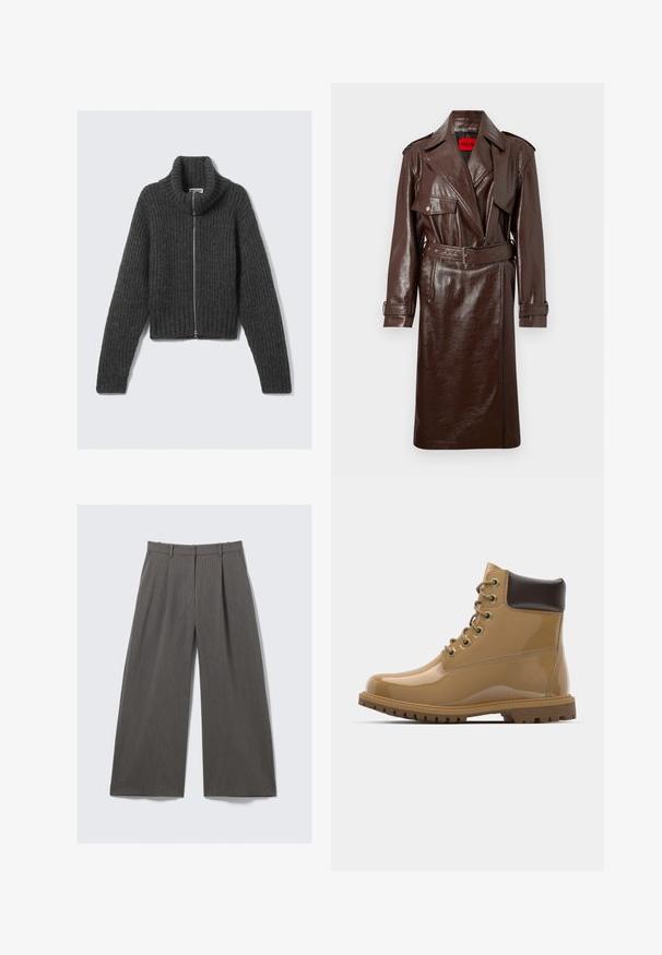Brauner Kunstleder-Trenchcoat mit tailliertem Gürtel, großen Revers und Fronttaschen. Er verfügt über eine glänzende, texturierte Oberfläche und Knopfmanschetten.; Dunkelgrauer, grob gestrickter Reißverschluss-Pullover mit hohem Kragen und langen Ärmeln, flach auf einem hellen Hintergrund liegend.; Weißes Langarmhemd aus weichem Baumwollstoff mit klassischem Kragen, Knopfleiste und dezentem Logo-Detail auf der linken Brust.; Grau gestreifte, weite Hose mit Gürtelschlaufen und Falten, flach auf einem weißen Hintergrund präsentiert.; Tägliche Schnürstiefeletten aus patentlederen Material in Tan mit braunen Akzenten, runder Zehenpartie, sechs Metallösen, braunen Schnürsenkeln und strukturierten Gummisohlen.