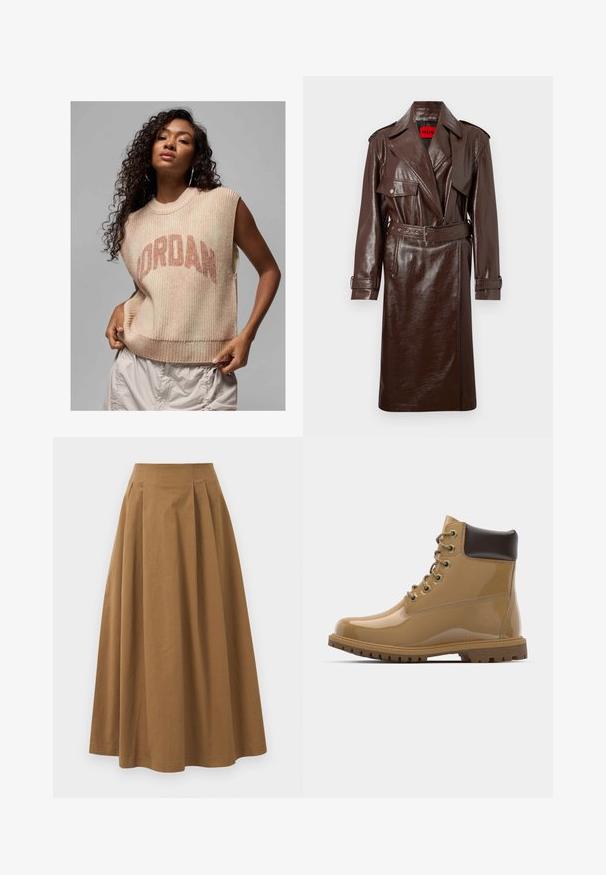Brązowy płaszcz trench z faux skórki z paskiem w talii, dużymi klapami i przednimi kieszeniami. Posiada błyszczącą, teksturowaną powierzchnię i mankiety na guziki.; Jasnobeżowy bezrękawnik o prążkowanej teksturze, z wyraźnym logo "JORDAN" w ciemniejszym odcieniu beżu. Luźny i swobodny design.; Biała koszula z długim rękawem, wykonana z miękkiej bawełny, z klasycznym kołnierzykiem, zapięciem na guziki z przodu oraz subtelnym logo po lewej stronie na piersi.; Brąskowa bawełniana spódnica w kształcie litery A z wysokim stanem, z plisami z przodu i gładką fakturą. Wykończenia dołu są czyste i proste.; Brązowe skórzane botki za kostkę z połyskiem, z brązowymi akcentami, okrągłym noskiem, sześcioma metalowymi oczkami, brązowymi sznurowadłami oraz teksturowaną gumową podeszwą.