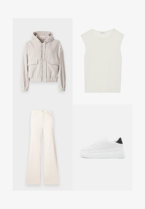 Chaqueta de pana beige con capucha, cremallera frontal, dos bolsillos en el pecho y dobladillo y puños elásticos. Textura suave con patrón de canalé visible.; Top blanco sin mangas con escote redondo. Hecho de una tela suave, presenta un corte relajado y un diseño minimalista. Sin patrones ni acentos.; ONLY ONLMADISON WIDE - Pernera ancha - ecru; Zapatillas de plataforma blancas hechas de material sintético suave, con punta redondeada, diseño de cordones y suela de goma texturizada. Acento en el talón negro.
