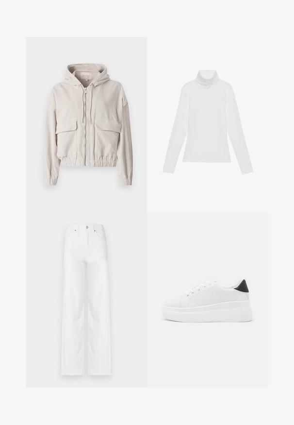 Béžová manšestrová bunda s kapucí, předním zipem, dvěma náprsními kapsami a elastickým lemem a manžetami. Měkká textura s viditelným žebrovaným vzorem.; Bílý dlouhý rukáv rolák vyrobený z hladkého, elastického materiálu. Má vysoký límec a přiléhavý střih, bez viditelných vzorů nebo ozdob.; Bílé široké džíny vyrobené z denimu, s předním zapínáním na knoflík, poutky na opasek a čtyřmi kapsami s čistou, hladkou texturou.; Bílé platformové tenisky vyrobené z hladkého syntetického materiálu, s kulatou špičkou, šněrováním a texturovanou gumovou podrážkou. Černý akcent na patě.