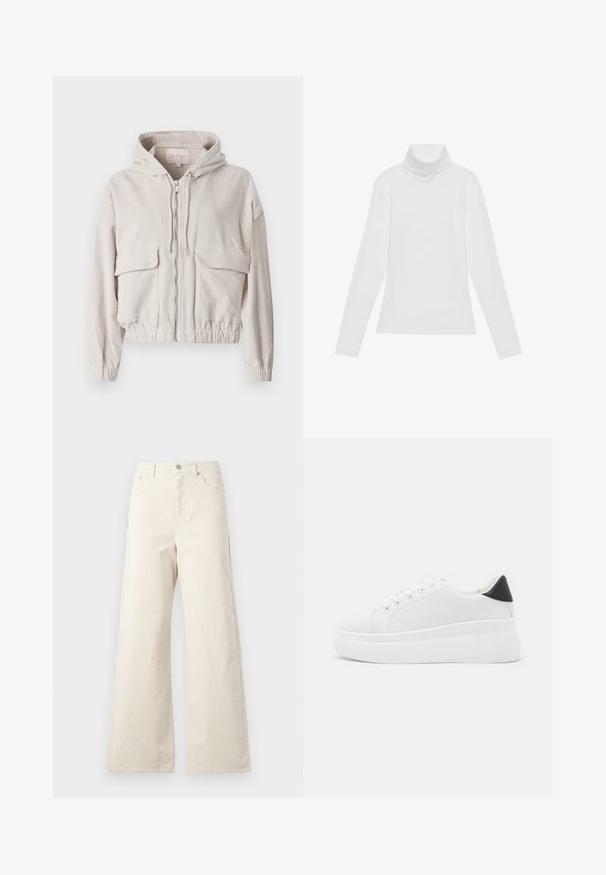 Beige corduroy jas met een capuchon, voorrits, twee borstzakken en een elastische onderrand en manchetten. Zachte textuur met zichtbaar ribbelpatroon.; Witte lange mouw turtleneck top gemaakt van glad, elastisch materiaal. Voorzien van een hoge kraag en een getailleerd ontwerp, zonder zichtbare patronen of versieringen.; Beige wijde broek van katoen, met een knoopsluiting aan de voorkant, zijzakken en een gladde textuur. Minimalistisch ontwerp zonder patronen.; Witte platform sneakers van glad synthetisch materiaal, met een afgeronde neus, vetersluiting en een gestructureerde rubberen zool. Zwarte hielaccent.