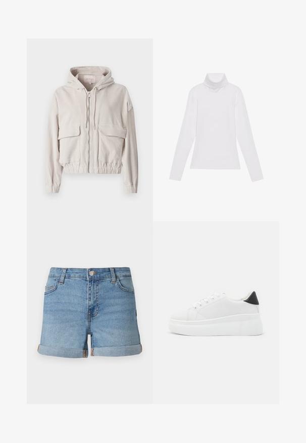 Bež jakna od kordura s kapuljačom, prednjim zatvaračem, dva džepa na prsima i elastičnim rubovima te manžetama. Mekana tekstura s vidljivim rebrastim uzorkom.; Bijela majica dugih rukava s rolificom izrađena od glatkog, rastezljivog materijala. Ima visoki ovratnik i uski kroj, bez vidljivih uzoraka ili ukrasa.; Svijetloplavi traper šorts s prevrnutim rubovima, prednjim gumbašima i dizajnom s pet džepova koji sadrži kontrastne šavove.; Bijele platforme tenisice napravljene od glatkog sintetičkog materijala, s okruglim vrhom, dizajnom s vezanjem i teksturiranom gumenom potplatom. Crni detalj na peti.