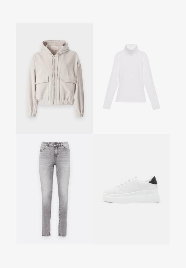 Bēša kordura jaka ar kapuci, priekšējo rāvējslēdzēju, divām krūšu kabatām un elastīgu apakšmalu un piedurknēm. Mīksta tekstūra ar uzskatāmu ribotu rakstu.; Balts garie piedurknēm turtlenecks krekls, izgatavots no gludas, elastīgas auduma. Iezīmē augstu apkakli un pielāgotu dizainu, bez redzamām rakstainām vai rotājumiem.; Tievās džinsās ar izbalējušu pelēku tonusu, izgatavotas no denima. Tām ir poga un rāvējslēdzēja aizdare, pieci kabatas un izteikts nolietojuma efekts.; Baltas platforma kedas, izgatavotas no gludas sintētiskas vielas, ar noapaļotu purngalu, saites dizainu un teksturētu gumijas zoli. Melna papēža akcenta detaļa.