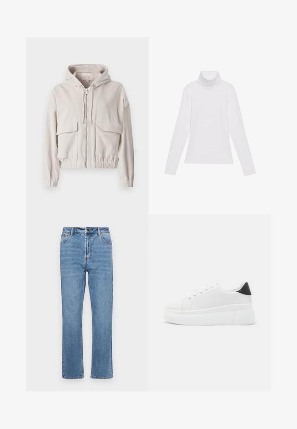 Bež jakna iz kordura s kapuco, sprednjim zadrgo, dvema žepoma na prsih ter elastičnimi robovi in manšetami. Mehka tekstura z vidnim rebrastim vzorcem.; Bela dolga majica s turtleneck ovratnikom, izdelana iz gladke, raztegljive tkanine. Ima visok ovratnik in prilega telesu, brez vidnih vzorcev ali okrasitev.; Svjetloplave traperice ravnog kroja sa pet džepova, prednjim dugmetom za zatvaranje i suptilnim izbljeđivanjem na tkanini.; Bele platform tenisice izdelane iz gladkega sintetičnega materiala, z zaobljenim prstom, sistemom vezalk in teksturiranim gumijastim podplatom. Črn dodatek na peti.