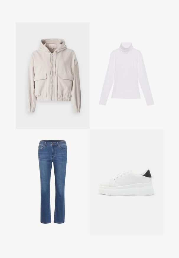 Bež jakna od kordura s kapuljačom, prednjim zatvaračem, dva džepa na prsima i elastičnim rubovima te manžetama. Mekana tekstura s vidljivim rebrastim uzorkom.; Bijela majica dugih rukava s rolificom izrađena od glatkog, rastezljivog materijala. Ima visoki ovratnik i uski kroj, bez vidljivih uzoraka ili ukrasa.; Plave traperice s ravnim nogavicama, oblika tijela s uklopljenim strukom, s ušicama za remen, pet džepova i s malim smeškim dugmetom na struku.; Bijele platforme tenisice napravljene od glatkog sintetičkog materijala, s okruglim vrhom, dizajnom s vezanjem i teksturiranom gumenom potplatom. Crni detalj na peti.