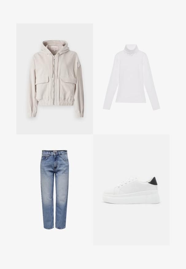 Bež korduroy jakk kapuutsiga, esimesel lukuga, kahe rinna taskuga ning elastsete äärtega. Pehme tekstuur koos silmapaistva ribakujundusega.; Valge pikkade varrukate turtleneck-särk, mis on valmistatud siledast ja venivast kangast. Omab kõrget kraed ja keha lähedast lõiget, ilma nähtavate mustrite või kaunistusteta.; Heledad sinise denimi püksid, millel on lõdvestatud sobivus, viie taskuga disain, nööbiga kinnitamine ja kulunud alad vintage välimuse saavutamiseks. Sirge jalgade lõige.; Valged platvormsneakerid, mis on valmistatud siledast sünteetilisest materjalist, ovaalse toe, paelkinnise disaini ja tekstuurse kummitaldiga. Must kontsrihm.