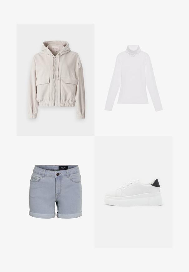 Chaqueta de pana beige con capucha, cremallera frontal, dos bolsillos en el pecho y dobladillo y puños elásticos. Textura suave con patrón de canalé visible.; Top blanco de manga larga y cuello alto, confeccionado en una tela suave y elástica. Presenta un diseño ajustado, sin patrones o adornos visibles.; Shorts de denim azul claro con dobladillo enrollado, que cuentan con cinco bolsillos y un cierre de botón. La tela tiene una textura suave y detalles de costura sutiles.; Zapatillas de plataforma blancas hechas de material sintético suave, con punta redondeada, diseño de cordones y suela de goma texturizada. Acento en el talón negro.