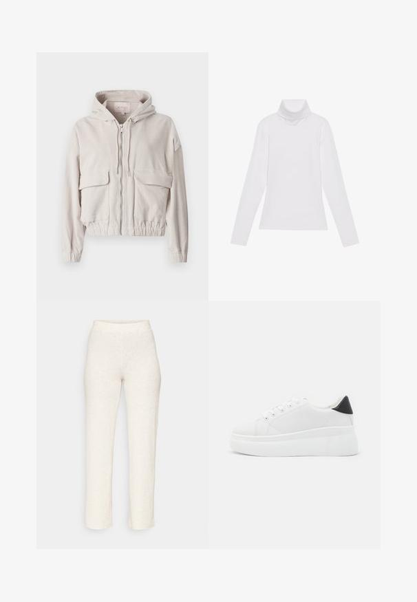 Beige corduroy jacket with a hood, front zipper, two chest pockets, and elasticized hem and cuffs. Soft texture with visible ribbed pattern.; White long-sleeve turtleneck top made of smooth, stretchy fabric. Features a high collar and fitted design, with no visible patterns or embellishments.; Cream-colored ribbed pants with a fitted waist and straight legs, made from a soft, textured fabric. No visible patterns or accents.; White platform sneakers made of smooth synthetic material, featuring a rounded toe, lace-up design, and a textured rubber sole. Black heel accent.