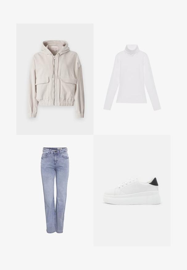 Jaqueta de corduroy bege com capuz, fecho frontal, dois bolsos no peito e bainhas e punhos elásticos. Textura suave com padrão ribado visível.; Camisola de gola alta de mangas longas, feita de um tecido liso e elástico. Apresenta um colarinho alto e um design ajustado, sem padrões ou adornos visíveis.; Jeans de perna reta de um azul claro, feitos de denim, com fecho de botão, cinco bolsos e desbotamento subtil na frente e nas costas.; Tênis plataforma brancos feitos de material sintético suave, apresentando ponta arredondada, design com cadarços e sola de borracha texturizada. Acento preto no calcanhar.