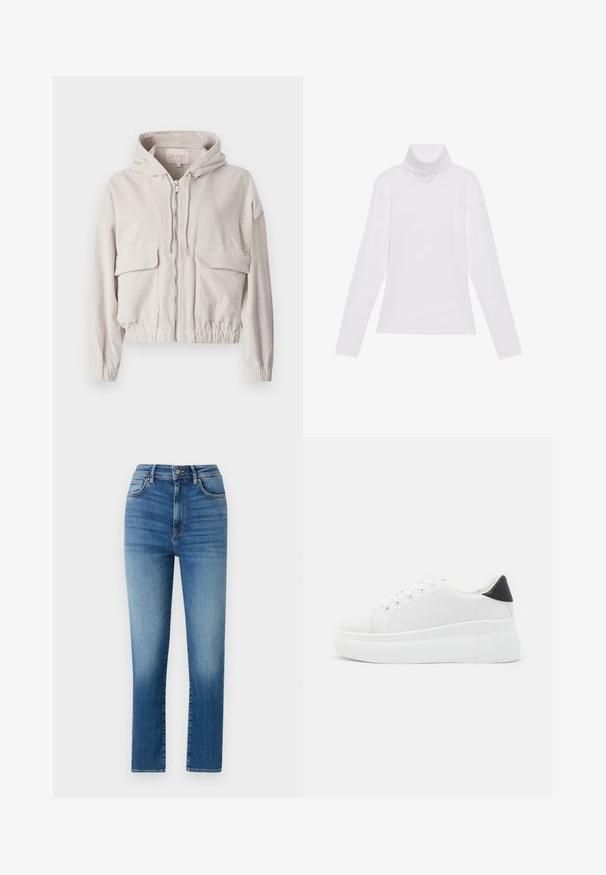 Chaqueta de pana beige con capucha, cremallera frontal, dos bolsillos en el pecho y dobladillo y puños elásticos. Textura suave con patrón de canalé visible.; Top blanco de manga larga y cuello alto, confeccionado en una tela suave y elástica. Presenta un diseño ajustado, sin patrones o adornos visibles.; Vaqueros de tiro alto en azul, fabricados en denim, con un corte recto, cinco bolsillos y un ligero desgastado que aporta textura y detalle.; Zapatillas de plataforma blancas hechas de material sintético suave, con punta redondeada, diseño de cordones y suela de goma texturizada. Acento en el talón negro.