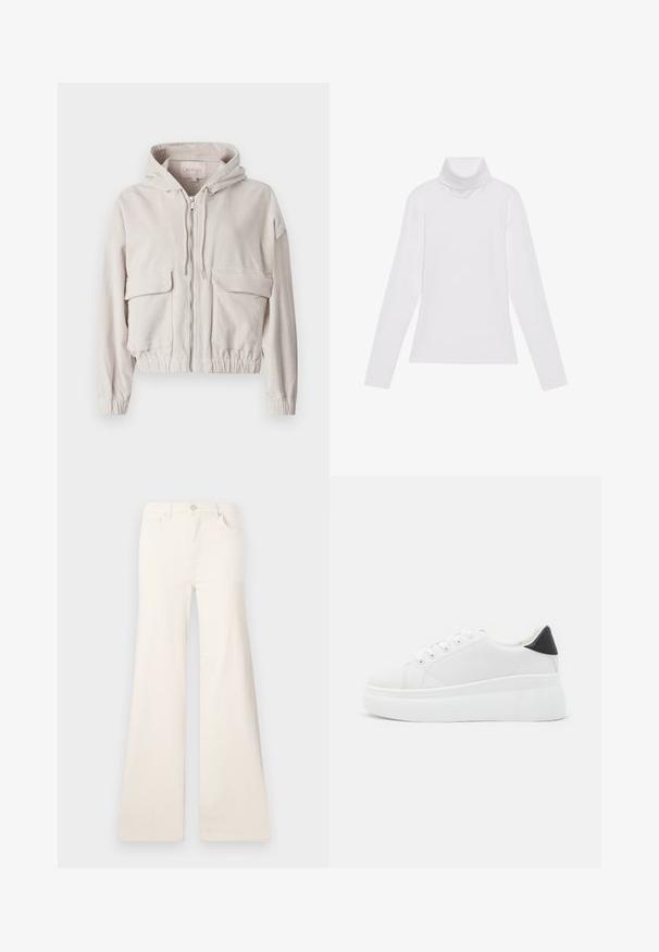 Beige kordbársonyzsák kapucnival, elülső cipzárral, két mellzsebbel, valamint rugalmas derékrésszel és mandzsettával. Puha tapintású, látható bordázott mintázattal.; Fehér, hosszú ujjú, garbónyakú felső sima, rugalmas anyagból készült. Magas nyakkal és testhezálló fazonnal rendelkezik, látható minták vagy díszítések nélkül.; ONLY ONLMADISON WIDE - Széles szárú - ecru; Fehér platform sportcipők sima szintetikus anyagból, lekerekített orral, fűzős kialakítással és texturált gumitalppal. Fekete sarokdísz.