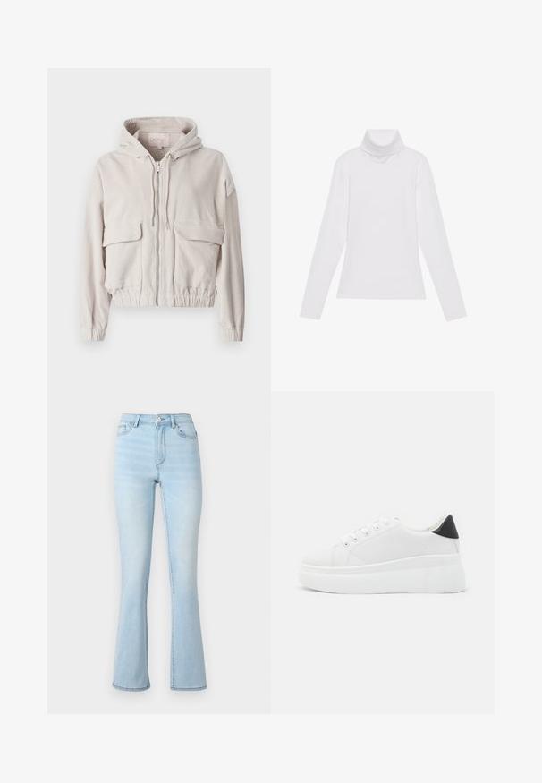 Jachetă din catifea bej cu glugă, fermoar frontal, două buzunare pe piept și tivuri și manșete elasticizate. Textură moale cu un model ribatat vizibil.; Tricou alb cu mâneci lungi și guler înalt, realizat dintr-un material neted și elastic. Dispune de un design ajustat, fără modele vizibile sau embellishments.; Jeans evazati de culoare albastru deschis, din denim, cu talie înaltă, design cu cinci buzunare și estompare subtilă pe picioare, terminate cu tivuri cusute.; Adidași albi cu platformă, fabricați din material sintetic neted, cu vârf rotund, design cu șireturi și talpă din cauciuc texturat. Accente negre la călcâi.