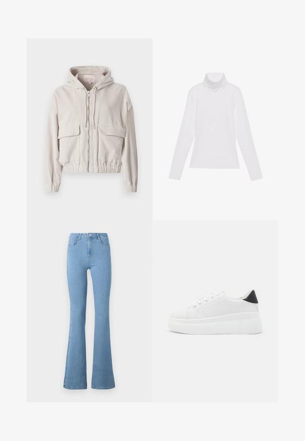 Beige corduroy jacket with a hood, front zipper, two chest pockets, and elasticized hem and cuffs. Soft texture with visible ribbed pattern.; White long-sleeve turtleneck top made of smooth, stretchy fabric. Features a high collar and fitted design, with no visible patterns or embellishments.; Light blue flared jeans made of denim, featuring a high waist, five pockets, a front zipper, and a metallic button closure.; White platform sneakers made of smooth synthetic material, featuring a rounded toe, lace-up design, and a textured rubber sole. Black heel accent.