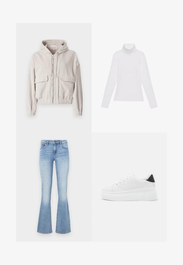 Beige corduroy-takki, jossa on huppu, etuvetoketju, kaksi rintataskua sekä elastinen helma ja hihansuut. Pehmeä rakenne, jossa on näkyvä nukkakuvio.; Valkoinen pitkähihaisella poololla varustettu paita, joka on valmistettu sileästä ja joustavasta kankaasta. Ominaisuuksiin kuuluu korkeakauluksinen ja tiukka malli, ilman näkyviä kuvioita tai koristeita.; Vaaleansiniset levenevät farkut, valmistettu denimistä. Ominaisuuksiin kuuluu perinteinen viiden taskun malli sekä vetskari, jossa on napitus. Haalistunut efekti reisissä.; Valkoiset alustasneakerit, jotka on valmistettu sileästä synteettisestä materiaalista. Niissä on pyöreä kärki, nauhakiinnitys ja teksturoitu kumipohja. Musta kantakorko korostaa ilmettä.