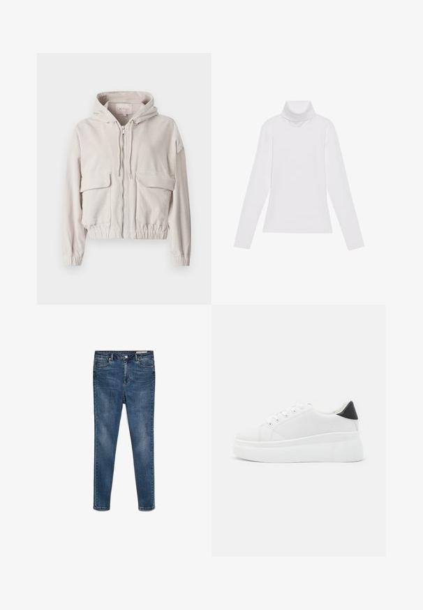 Μπεζ ζακέτα από κοτλέ με κουκούλα, μπροστινό φερμουάρ, δύο τσέπες στο στήθος και ελαστικό στρίφωμα και μανίκια. Μαλακή υφή με ορατό ριγωτό σχέδιο.; Λευκή μακρυμάνικη μπλούζα με ψηλό λαιμό από λείο, ελαστικό ύφασμα. Διαθέτει ψηλό γιακά και εφαρμοστή σχεδίαση, χωρίς ορατά σχέδια ή διακοσμητικά.; Σκούρο μπλε τζιν skinny παντελόνι με μεσαία μέση, πέντε τσέπες και διακριτική φθορά. Περιλαμβάνει κούμπωμα με κουμπί και φερμουάρ.; Λευκά πλατφόρμα αθλητικά παπούτσια κατασκευασμένα από λείο συνθετικό υλικό, με στρογγυλή μύτη, σχέδιο με κορδόνια και υφασμένη καουτσούκ σόλα. Μαύρη έγχρωμη λεπτομέρεια στη φτέρνα.
