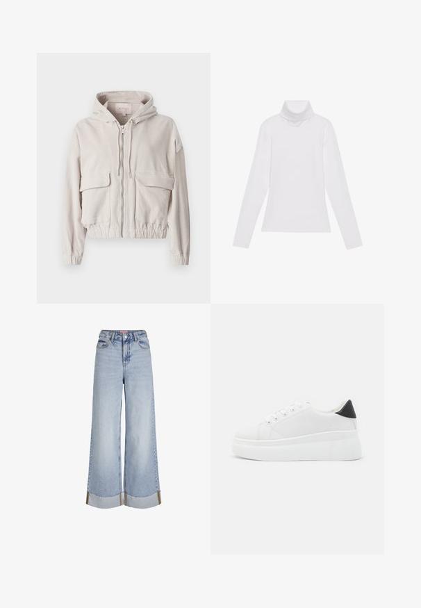 Bēša kordura jaka ar kapuci, priekšējo rāvējslēdzēju, divām krūšu kabatām un elastīgu apakšmalu un piedurknēm. Mīksta tekstūra ar uzskatāmu ribotu rakstu.; Balts garie piedurknēm turtlenecks krekls, izgatavots no gludas, elastīgas auduma. Iezīmē augstu apkakli un pielāgotu dizainu, bez redzamām rakstainām vai rotājumiem.; Gaiši zili platā kāju džinsi ar augstu jostu, saplaisājušiem malām un kontrastējošām šuvēm, izgatavoti no denima auduma.; Baltas platforma kedas, izgatavotas no gludas sintētiskas vielas, ar noapaļotu purngalu, saites dizainu un teksturētu gumijas zoli. Melna papēža akcenta detaļa.