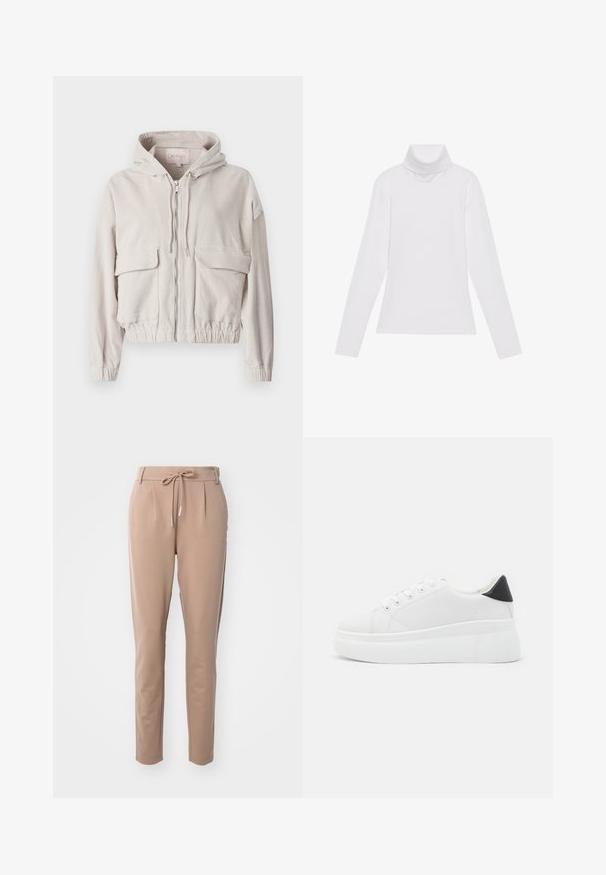 Veste en velours côtelé beige avec capuche, fermeture éclair sur le devant, deux poches poitrine et ourlet et poignets élastiqués. Texture douce avec un motif côtelé visible.; Haut à col roulé à manches longues blanc, fabriqué en tissu lisse et extensible. Il présente un col haut et une coupe ajustée, sans motifs ni embellissements visibles.; Pantalons beiges en tissu doux, avec une taille à cordon de serrage, des plis à l'avant et une coupe fuselée.; Baskets plates blanches en matériau synthétique lisse, avec un bout arrondi, un design à lacets et une semelle en caoutchouc texturé. Accent de talon noir.