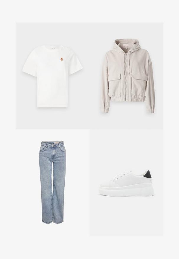 Bežová kordúrová bunda s kapucňou, predným zipsom, dvoma vreckami na hrudi a elastickým lemom a manžetami. Mäkka textúra s viditeľným rebrovaným vzorom.; Biele krátke tričko s krátkymi rukávmi, ktoré má na ľavej strane hrudi vyšitú malú hnedú medvedíkovu hračku. Jednoduchý a neformálny dizajn.; Svetlomodré široké džínsy vyrobené z denimu, s vysokým pásom, päťvreckovým dizajnom a jemným vyblednutím pre opotrebovaný vzhľad.; Biele platformové tenisky vyrobené z hladkého syntetického materiálu, so zaoblenou špičkou, šnurovacím dizajnom a textúrovanou gumovou podrážkou. Čierny akcent na päte.
