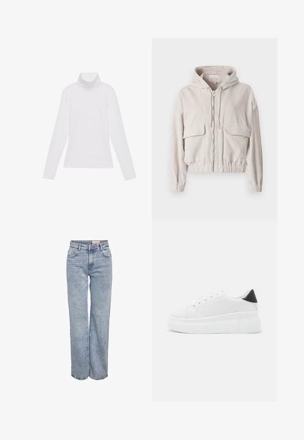 Beige Corduroy-Jacke mit Kapuze, Frontreißverschluss, zwei Brusttaschen und elastischem Saum und Bündchen. Weiche Textur mit sichtbarem Rippmuster.; Weißes Langarm-Turtleneck-Oberteil aus glattem, elastischem Stoff. Mit hohem Kragen und tailliertem Schnitt, ohne sichtbare Muster oder Verzierungen.; Hellblau weite Jeans aus Denim, mit hoher Taille, fünf Taschen-Design und subtilen Ausbleichungen für einen eingesessenen Look.; Weiße Plateausneaker aus glattem Kunstmaterial, mit runder Zehenform, Schnürdesign und einer strukturierten Gummisohle. Schwarzer Fersenakzent.