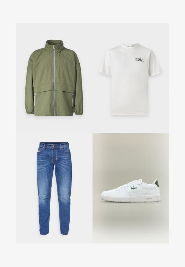 Chaqueta verde oliva con cuello alto, cremallera frontal, puños elásticos y dos bolsillos laterales; presenta un pequeño logo en el pecho.; Camiseta de algodón blanca con cuello redondo, mangas cortas y un pequeño logotipo bordado que presenta montañas y texto en el lado izquierdo del pecho.; Vaqueros de mezclilla azul con un corte recto, que presentan un lavado desgastado, cinco bolsillos y costuras en contraste a lo largo de las costuras.; Zapatilla de cuero blanca con un acabado suave, acentos verdes en el talón y un logotipo verde en el lateral. Presenta una suela plana y una puntera redonda.