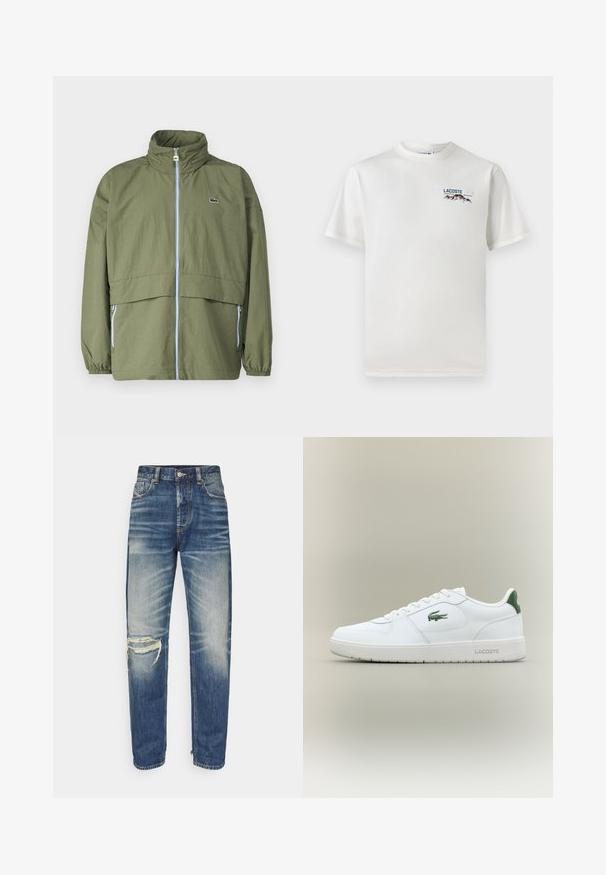 Oliivroheline jakk kõrge kraega, ees tõmblukuga, elastsete varrukatega ja kahe küljetaskuga; rinnal on väike logo.; Valge puuvillane T-särk ümmarguse kaelusega, lühikeste varrukatega ja väikese tikandiga logoga, millel on mäed ja tekst vasakul rinnal.; Sinised teksad sirge lõikega. Märkimisväärsete kulumise elementide hulka kuulub rebend vasakul põlvel ja kude on veidi pleekinud.; Valge nahkne spordijalats sujuva viimistlusega, rohelised aktsendid kanna peal ja roheline logo küljel. Omab lamedat tallat ja ümmargust varvast.