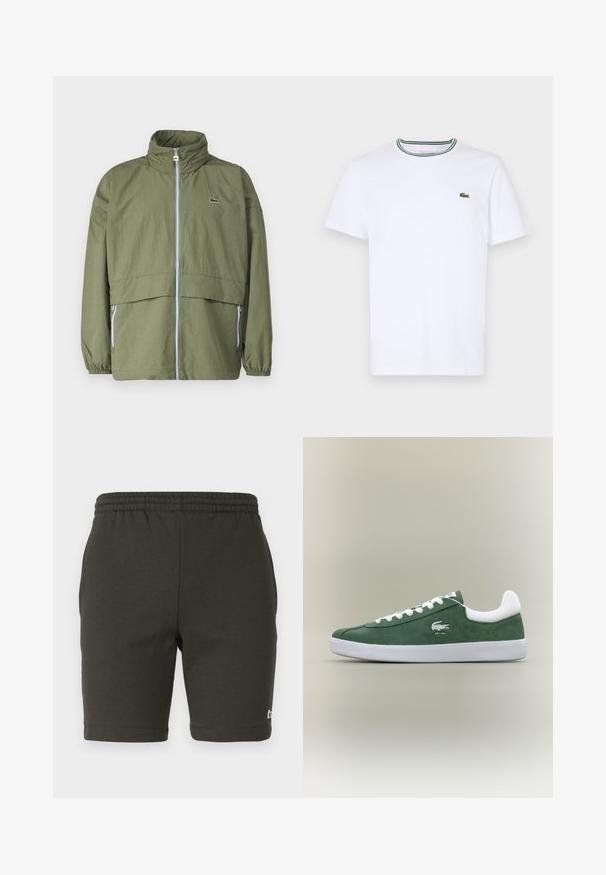 Casaco verde oliva com gola alta, fecho de correr frontal, punhos elásticos e dois bolsos laterais; apresenta um pequeno logotipo no peito.; T-shirt branco de algodão de mangas curtas com colarinho canelado, apresentando riscas verdes e pretas; pequeno logotipo verde bordado no lado esquerdo do peito.; Calções de cor verde escuro, com cintura elástica, feitos de um tecido suave. Apresenta um corte reto, pernas acabadas e um pequeno logo no lado inferior direito.; Sapatilha verde em camurça de perfil baixo com atacadores brancos, sola branca, colarinho acolchoado e logotipo de crocodilo bordado com o texto "EST. 1933".