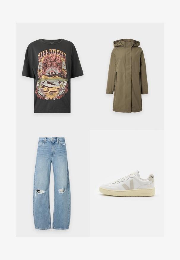 Olivgrön vattentät jacka med huva, långa ärmar, framdragkedja och två sidofickor. Har en rak silhuett och slät textur.; Svart bomulls t-shirt med en färgglad grafisk tryck med sol, berg och blommor. Långärmad lös passform med rund hals.; Ljusblå, högmidjade jeans i denim. Har vida ben, två slitna knäområden och klassisk femfickedesign.; Vita lädersneakers med beige mockadetaljer, perforerad tåbox, platta snören och en texturerad krämfärgad sula. Har diskret varumärkning på hälen.