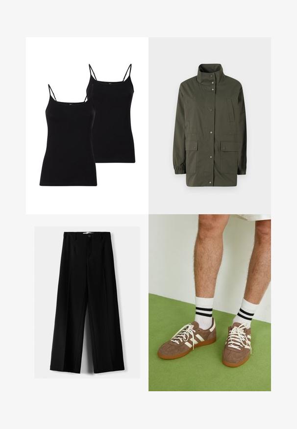 Olive green, lightweight jacket with high collar, snap buttons, and two front patch pockets. Features elastic cuffs and a straight cut.; Black knit cardigan with long, puffed sleeves and a button-down front. Features six brown buttons and a ribbed hem. Textured fabric.; Two black camisoles with thin spaghetti straps, made of soft fabric, featuring a fitted design and a smooth texture, ideal for layering.; Black wide-leg trousers made of lightweight fabric, featuring a front button closure and flat front, with neatly stitched hems.; Brown suede sneakers with white accents and laces. Rubber gum sole. Worn with white socks featuring black stripes. Green textured flooring.