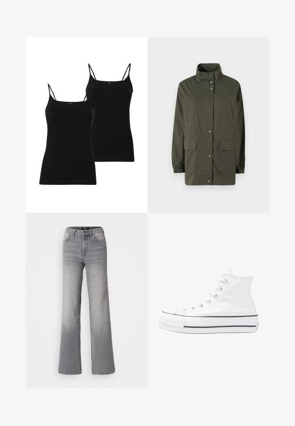 Jacket leve em verde oliva, com gola alta, botões de pressão e dois bolsos frontais tipo patch. Apresenta punhos elásticos e um corte reto.; Cardigan tricotado castanho-escuro com gola redonda, cinco botões grandes e punhos canelados. Design cropped com tecido texturizado.; Duas camisolas pretas com alças finas em espaguete, feitas de um tecido macio, com um design ajustado e uma textura suave, ideais para sobreposição.; Jeans de ganga cinzentos de cintura alta e corte reto, com botão e fecho à frente, bolsos dianteiros e traseiros, e desbaste nas coxas e panturrilhas.; Sapatilha alta de tela branca com sola de borracha preta, bico de borracha na frente e seis ilhós para os atacadores, apresentando um design limpo e minimalista.