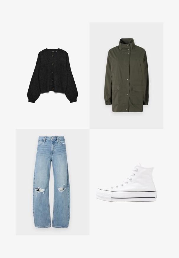 Olívazöld, könnyű dzseki magas gallérral, patentgombokkal és két elülső folttáskával. Rugalmas mandzsettákkal és egyenes szabással rendelkezik.; Fekete kötött kardigán hosszú, fodros ujjakkal és gombolós eleje van. Hat barna gombbal és bordázott szegéllyel rendelkezik. Texturált anyagból készült.; Fekete bordázott fazonú crop top, kerek nyakkivágással és ujjatlan kialakítással. Rugalmas, strukturált anyagból készült. A címke szerint "Urban Classics."; Világoskék, magas derekú farmernadrág. Széles lábakkal, két szakadt térddel és klasszikus öt zsebes dizájnnal rendelkezik.; Fehér magaskorsó vászon sportcipő fekete gumi talppal, elülső gumi orrnyereggel és hat fűzőlyukkal, letisztult, minimalista dizájnnal.