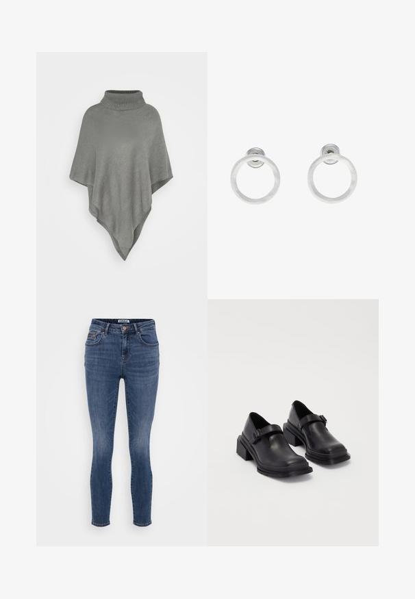 Šviesiai pilkas pončas su aukštu, raukšlėtu apykakle. Turi tekstūruotą mezgimo raštą ir teka, trikampį siluetą, kuris gražiai krenta.; Even&Odd Petite 3 PACK - Ilgarankovis viršutinės dalies drabužis - black/white/light green; Tamsiai mėlyni, liekni džinsai, pagaminti iš lygaus audinio, su penkių kišenių dizainu ir vario mygtuko detale prie juosmens.; Juodos odinės bateliai su apvaliu priekiu, plokščiu padu ir dirželiu su sagtimi. Didelis blokinis kulnas, užtikrinantis papildomą stabilumą.; Sidabriniai metaliniai auskarai žiedų pavidalu su šveitimo tekstūra, turintys apvalų dizainą ir skaidrų laikiklį saugiam dėvėjimui.