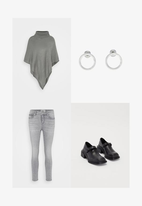 Svijetlosivi pončo s visokim, rebrastim ovratnikom. Ima teksturirani pleteni uzorak i lepršav, trokutasti oblik koji pada dolje.; Trije crop majice dugih rukava, složene jedna na drugu, boje bijela, bež i prigušena tirkizna, s okruglim izrezima na svijetlosivoj pozadini.; Sive traperice uskog kroja s pet džepova, zatvaranjem na gumb i petljama za remen. Tkanina ima glatku teksturu i blago izblijeđenu boju.; Crne kožne cipele s okruglim vrhom, ravnim đonom i remenom s detaljem kopče. Debeli blok peti za dodatnu stabilnost.; Srebrne metalne naušnice u obliku prstena s brušenom teksturom, s kružnim dizajnom i prozirnom vrstom kopče za sigurno nošenje.