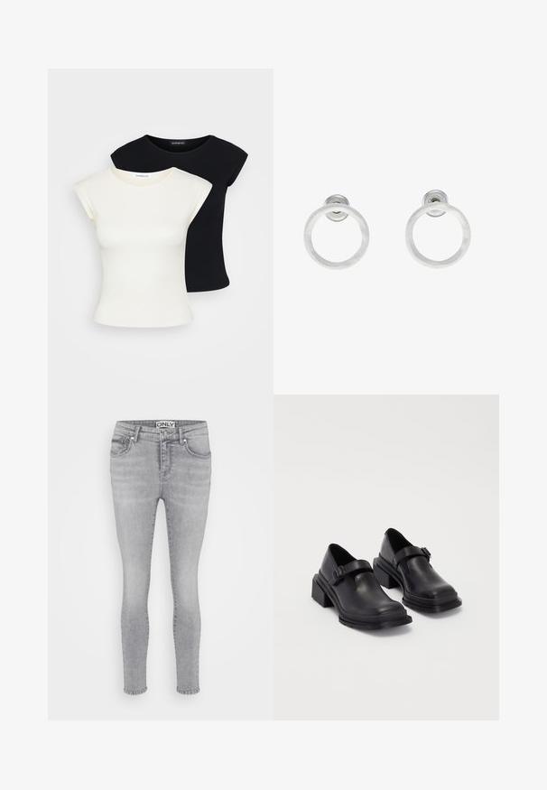 Light gray poncho with a high, ribbed collar. Features a textured knit pattern and a flowing, triangular shape that drapes down.; Two fitted T-shirts: one cream and one black. Made from soft, textured cotton, featuring short sleeves and a round neckline.; Light grey skinny jeans made of denim, featuring a standard five-pocket design, belt loops, and a button fly closure.; Black leather shoes with a rounded toe, flat sole, and a strap with a buckle detail. Chunky block heel for added stability.; Silver metal hoop earrings with a brushed texture, featuring a circular design and a clear post back for secure wear.