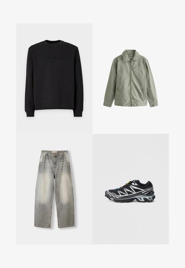 Světle zelená bunda vyrobená z odolného bavlněného materiálu, se zapínáním na zip, špičatým límcem, bočními kapsami a malou náprsní kapsou.; Černá mikina vyrobená z měkkého materiálu, s kulatým výstřihem, dlouhými rukávy a vyraženým logem "MICHAEL KORS" na hrudi.; Jeany s širokými nohavicemi v světlém šedém odstínu. Mají opraný vzhled, pět kapes a zapínání na knoflík. Materiál je měkký denim.; Černá běžecká bota se stříbrnými akcenty, materiál GORE-TEX, strukturovaná podrážka a barevné šňůrky. Má polstrovanou patu pro podporu.