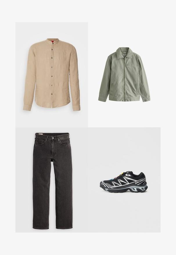 Ljusgrön jacka i kraftigt bomullsmaterial, med dragkedja framtill, spetsig krage, sidofickor och en liten bröstficka.; Beige lin shirt med långa ärmar, mandarin krage och snäppstängning fram. Slät textur och subtil lyster. Rundad nederkant med sidospalter.; Svarta denimjeans med rak ben-design, fem fickor och metallbeslag. Tyget har en lätt textur och en enfärgad finish.; Svart löparsko med silverdetaljer, GORE-TEX-material, texturerad sula och färgglada snören. Har en vadderad häl för stöd.