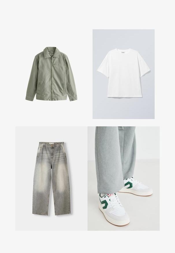 Jasnozielona kurtka wykonana z mocnej bawełny, z zapięciem na zamek z przodu, spiczastym kołnierzem, bocznymi kieszeniami i małą kieszonką na piersi.; Biała bawełniana koszulka z okrągłym dekoltem i krótkimi rękawami. Luźny krój bez widocznych wzorów czy akcentów. Gładka faktura.; Spodnie dżinsowe o szerokich nogawkach w jasnoszarym odcieniu. Posiadają wyblakłe wykończenie, pięć kieszeni i zapięcie na guzik. Materiał to miękki dżins.; Białe i zielone sneakersy wykonane z gładkiej skóry i zamszu, z wyraźnym zielonym logo i białymi sznurowadłami. Szare spodnie częściowo widoczne.