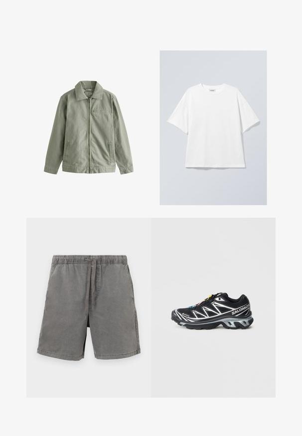 Hellgrüne Jacke aus strapazierfähigem Baumwollmaterial, mit einem Reißverschluss vorne, spitzem Kragen, Seitentaschen und einer kleinen Brusttasche.; Weißes Baumwoll-T-Shirt mit rundem Ausschnitt und kurzen Ärmeln. Entspannter Schnitt ohne sichtbare Muster oder Akzente. Glatte Textur.; Graue Baumwollshorts mit elastischem Bund und Kordel, geradem Schnitt und seitlichen Taschen. Glatte Textur und legeres Design.; Schwarzer Laufschuh mit silbernen Akzenten, GORE-TEX-Material, strukturiertem Sohlenprofil und bunten Schnürsenkeln. Verfügt über eine gepolsterte Ferse für zusätzlichen Halt.