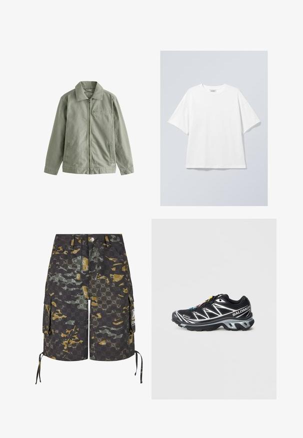 Gaiši zaļa jaka, izgatavota no izturīga kokvilnas materiāla, ar rāvējslēdzēja priekšpusi, uzslietu apkakli, sānu kabatām un mazu krūšu kabatu.; Balts kokvilnas T-krekls ar apaļu kakla izgriezumu un īsām piedurknēm. Brīva piegriezuma ar neredzamām rakstām vai akcentiem. Gluda tekstūra.; Kargo šorti, izgatavoti no kamuflāžas auduma, ar tumši pelēkiem, zaļiem un dzelteniem rakstiem. Iekļauti sānu kabatas un regulējami aukliņi.; Melna skriešanas kurpe ar sudraba akcentiem, GORE-TEX materiāls, teksturēta zole un krāsainas šnūras. Iespējas ietver mīkstinātu papēdi atbalstam.