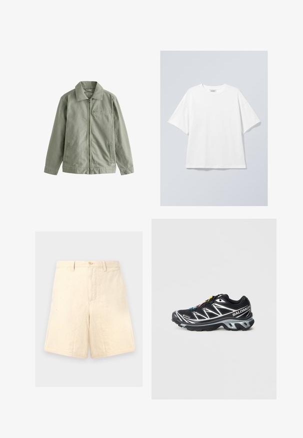 Hele rohelise säBriga jakk, mis on valmistatud tugevast puuvillamaterjalist, varustatud tõmblukuga esiosal, terava krae, küljetaskute ja väikese rinna taskuga.; Valge puuvillane T-särk ümmarguse kaelusega ja lühikeste varrukatega. Mugav lõige, ilma nähtavate mustrite või aktsentideta. Sile tekstuur.; Beesidised linna lühikesed püksid, mis on kohandatud sobivusega, eesnupu sulgemisega, kahe külgtaskuga ja peene tekstuuriga.; Mustad mustus jooksujalanõud hõbedaste aktsentidega, GORE-TEX materjal, tekstureeritud tald ja värvilised paelad. Omab pehmet kontsa toetuseks.