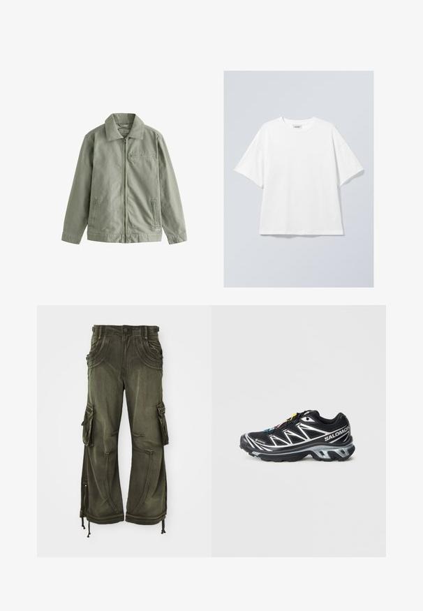 Svetlozelená bunda vyrobená z odolného bavlneného materiálu, s predným zipsom, špicatým golierom, bočnými vreckami a malým vreckom na hrudi.; Biely bavlnený tričko s okrúhlym výstrihom a krátkymi rukávmi. Uvoľnený strih bez viditeľných vzorov alebo akcentov. Hladká textúra.; Olivovo zelené cargo nohavice vyrobené z bavlny s uvoľneným strihom, so bočnými vreckami, zipsami na členkoch a šnúrkami na spodnom okraji.; Čierna bežecká obuv so striebornými akcentmi, materiál GORE-TEX, textúrovaná podrážka a farebné šnúrky. Obsahuje polstrovanú pätu pre podporu.