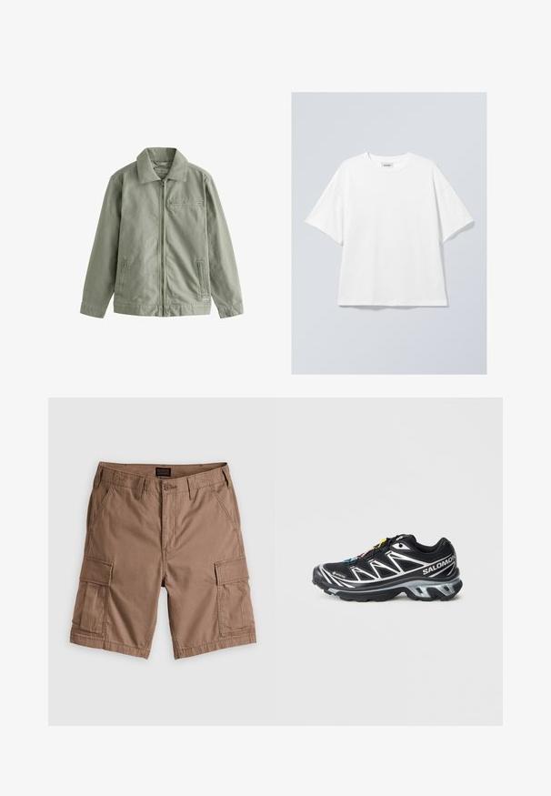 Svetlozelená bunda vyrobená z odolného bavlneného materiálu, s predným zipsom, špicatým golierom, bočnými vreckami a malým vreckom na hrudi.; Biely bavlnený tričko s okrúhlym výstrihom a krátkymi rukávmi. Uvoľnený strih bez viditeľných vzorov alebo akcentov. Hladká textúra.; Hnedé cargo šortky vyrobené z bavlny, s viacerými bočnými vreckami, zapínaním na gombík a plochým predným dizajnom. Hladký povrch, voľný štýl.; Čierna bežecká obuv so striebornými akcentmi, materiál GORE-TEX, textúrovaná podrážka a farebné šnúrky. Obsahuje polstrovanú pätu pre podporu.