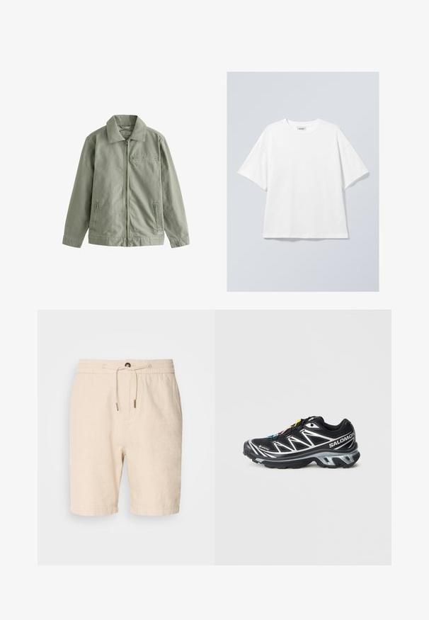 Lichtgroene jas van stevig katoenmateriaal, met een rits aan de voorkant, een puntige kraag, zijzakken en een klein borstzakje.; Witte katoenen T-shirt met een ronde halslijn en korte mouwen. Ontspannen pasvorm zonder zichtbare patronen of accenten. Soepele textuur.; Scotch & Soda SEASONAL CORE BERMUDA - Shorts - soft camel; Zwart hardloopschoen met zilveren accenten, GORE-TEX materiaal, gestructureerde zool en kleurrijke veters. Voorzien van een gevoerde hak voor ondersteuning.