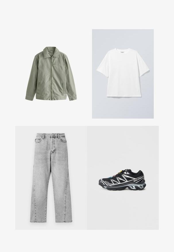 Chaqueta verde claro hecha de un material de algodón resistente, con cierre de cremallera en el frente, cuello puntiagudo, bolsillos laterales y un pequeño bolsillo en el pecho.; Camiseta de algodón blanca con un cuello redondo y mangas cortas. Corte relajado sin patrones o acentos visibles. Textura suave.; Jeans de mezclilla gris de pierna ancha con alta cintura, que cuentan con un diseño clásico de cinco bolsillos y detalles de costura visibles.; Zapatilla de correr negra con acentos plateados, material GORE-TEX, suela texturizada y cordones coloridos. Cuenta con un talón acolchado para mayor soporte.