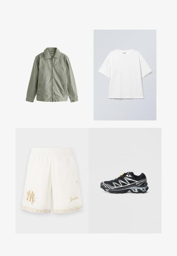 Šviesiai žalia striukė, pagaminta iš tvirto medvilninio audinio, su užtrauktuku priekyje, smaigalio formos apykakle, šoninėmis kišenėmis ir mažąja krūtine kišene.; Balta medvilnė marškinėliai su apvalia apykakle ir trumpomis rankovėmis. Laidus fasonas be matomų raštų ar akcentų. Lygus tekstūra.; Baltos šortai su elastinga juosmena, puošiami auksiniu išsiuvinėtu "Yankees" logotipu ir gėlių raštu, akcentuoti dekoratyvia juosta.; Juodas bėgimo batai su sidabrinėmis detalėmis, GORE-TEX medžiaga, tekstūruota padas ir spalvoti raišteliai. Yra minkštas kulnas, suteikiantis paramą.