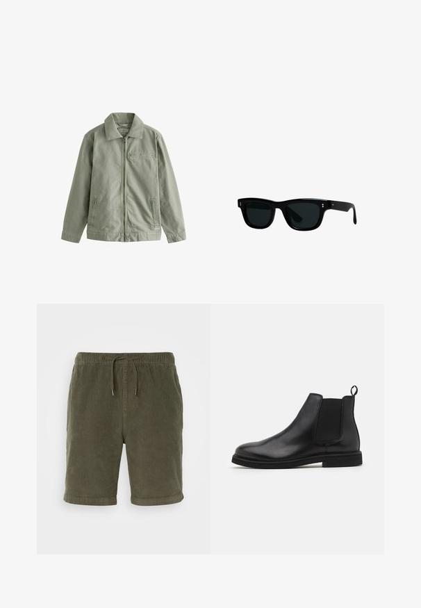 Lichtgroene jas van stevig katoenmateriaal, met een rits aan de voorkant, een puntige kraag, zijzakken en een klein borstzakje.; Witte katoenen T-shirt met een ronde halslijn en korte mouwen. Ontspannen pasvorm zonder zichtbare patronen of accenten. Soepele textuur.; Olijfgroene korduroy shorts met een elastische tailleband, verstelbare trekkoord en opgerolde boorden. Geweven stof met een zachte afwerking.; Zwarte leren Chelsea boots met elastische zijpanelen en een trekband. Ronde neus en platte rubberen zool, met een gladde afwerking.; Zwarte zonnebril met vierkante monturen, donkere lenzen en glad plastic materiaal. Heeft kleine, ronde accenten aan de voorkant en slanke armen.