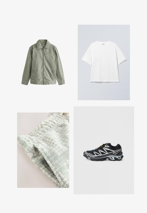 Veste vert clair en coton robuste, dotée d'une fermeture éclair à l'avant, d'un col pointu, de poches latérales et d'une petite poche sur la poitrine.; T-shirt en coton blanc avec un col rond et des manches courtes. Coupe décontractée sans motifs ni accents visibles. Texture lisse.; Tissu texturé avec un motif tissé dans des tons vert pâle et blanc. Présente une sensation douce et légère avec un motif subtil.; Chaussure de course noire avec accents argentés, en matériau GORE-TEX, semelle texturée et lacets colorés. Dispose d'un talon rembourré pour le soutien.
