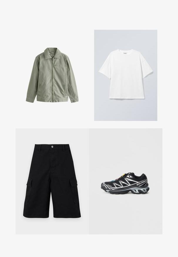 Lichtgroene jas van stevig katoenmateriaal, met een rits aan de voorkant, een puntige kraag, zijzakken en een klein borstzakje.; Witte katoenen T-shirt met een ronde halslijn en korte mouwen. Ontspannen pasvorm zonder zichtbare patronen of accenten. Soepele textuur.; Zwarte cargoshorts gemaakt van duurzaam materiaal. Bevat twee zijzakken, een ritssluiting en een eenvoudige tailleband met een metalen knoop.; Zwart hardloopschoen met zilveren accenten, GORE-TEX materiaal, gestructureerde zool en kleurrijke veters. Voorzien van een gevoerde hak voor ondersteuning.